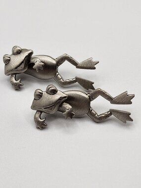 Vintage J.J. Jonette Jewelry Pewter 3D Frog Toad Two Piece Pierced Earrings